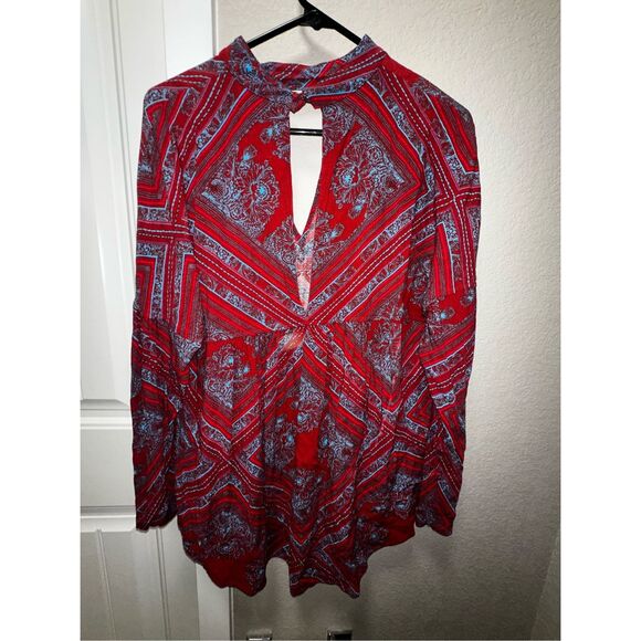 Free People Vibrant Red and Blue Patterned Long Sleeve Top - Picture 3 of 5